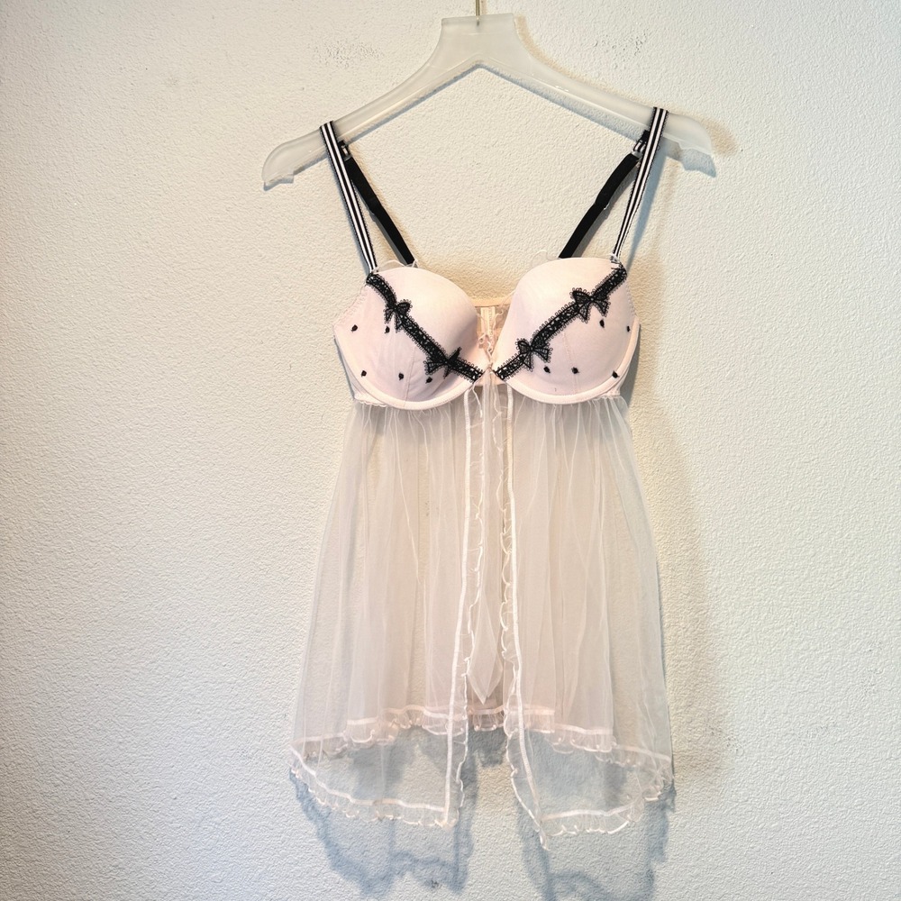 Victorias Secret Pink Black Lace Butterfly Mesh Babydoll Lingerie 36C Underwire